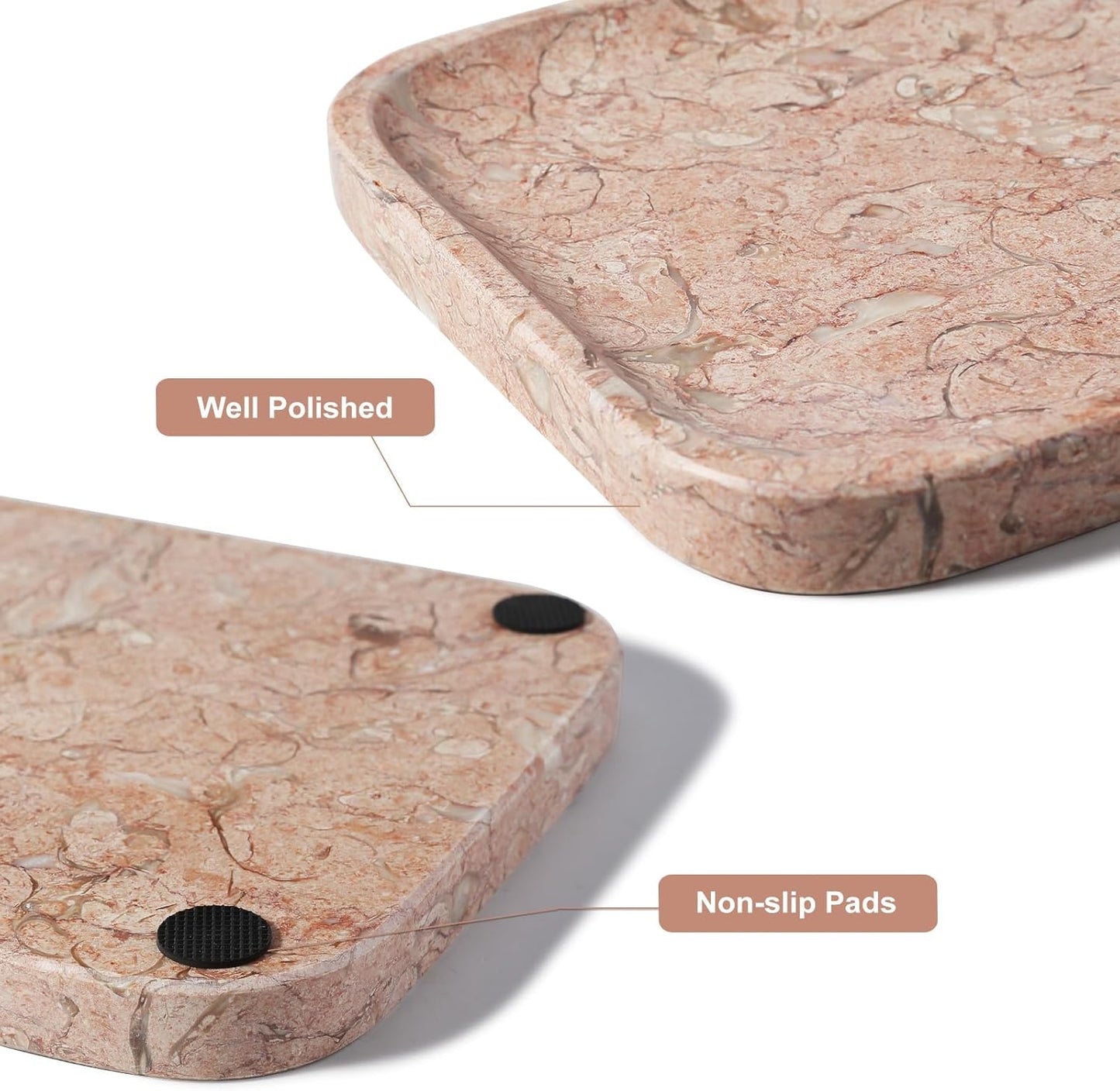 Koville Marble Tray, 12"x8" Natural Marble Vanity Tray for Countertop Bathroom Kitchen Dresser, Decorative Catchall Trays for Perfume Jewelry, Rectangular Stone Serving Tray(Pink)