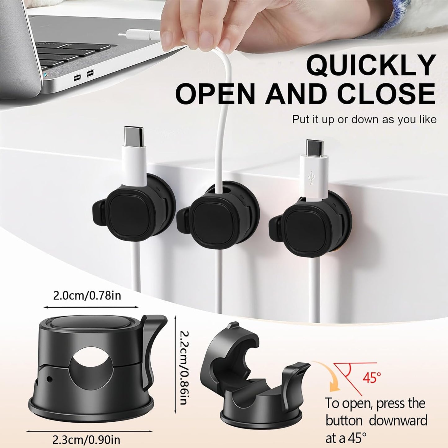 Nearockle 8 Pack Spring Cord Organizer with Clasp Lock-Max Load Cable Clips, 2025 Rotatable Phone Charging Cord Holder Cable Management for Car, Nightstand, Office Desk Accessories (Black)