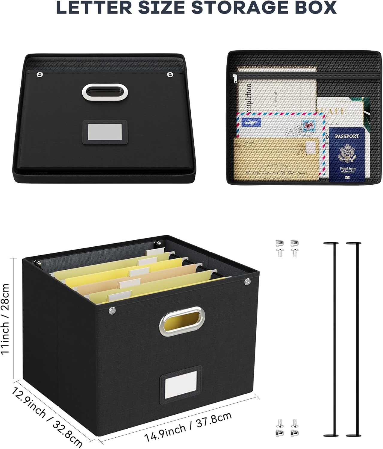 Oterri File Organizer Box with Lid,Large Hanging Filing Box with Mesh Pocket, Document c for Letter Files, Portable Storage Case with Smooth Sliding Rail for Office&Home (1 PCS, Black)