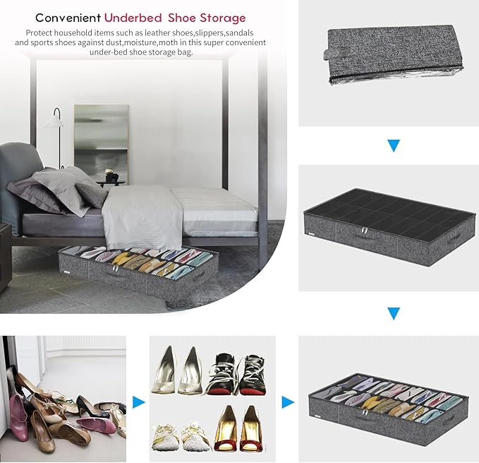 Sturdy Shoes Storage Organizers Boxes Fit 16x2 Pairs, Foldable Shoe Sneaker Container Bin Holder for Closet with Clear Cover, 37.8"x23.6"x5.9", Cotton-like Black, ZMXBUBS16P2