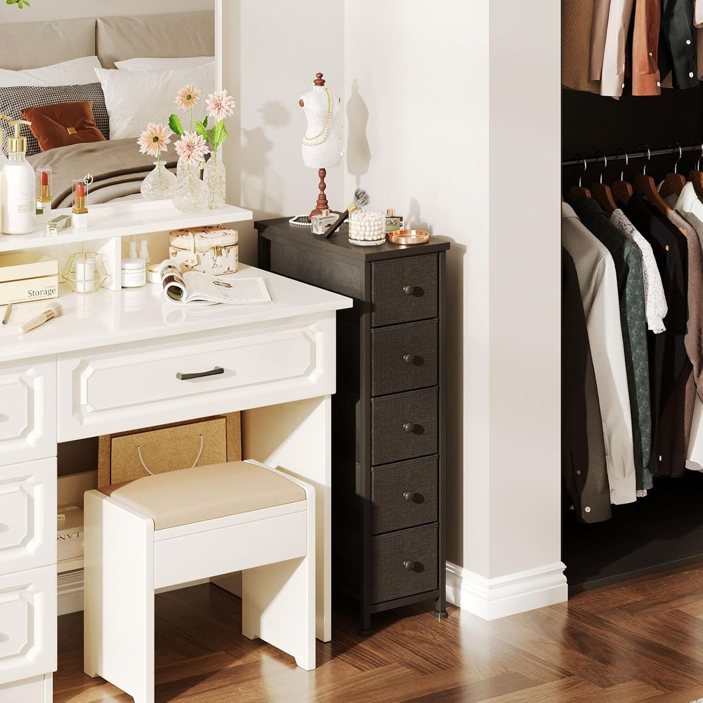 Narrow Dresser, 19" Wide Narrow Nightstand Dresser Storage Tower with 5 Drawers, Slim Fabric Dressers Chest of Drawers for Small Spaces, Wood Top & Fabric Bins for Bedroom Bathroom Closet (Black)