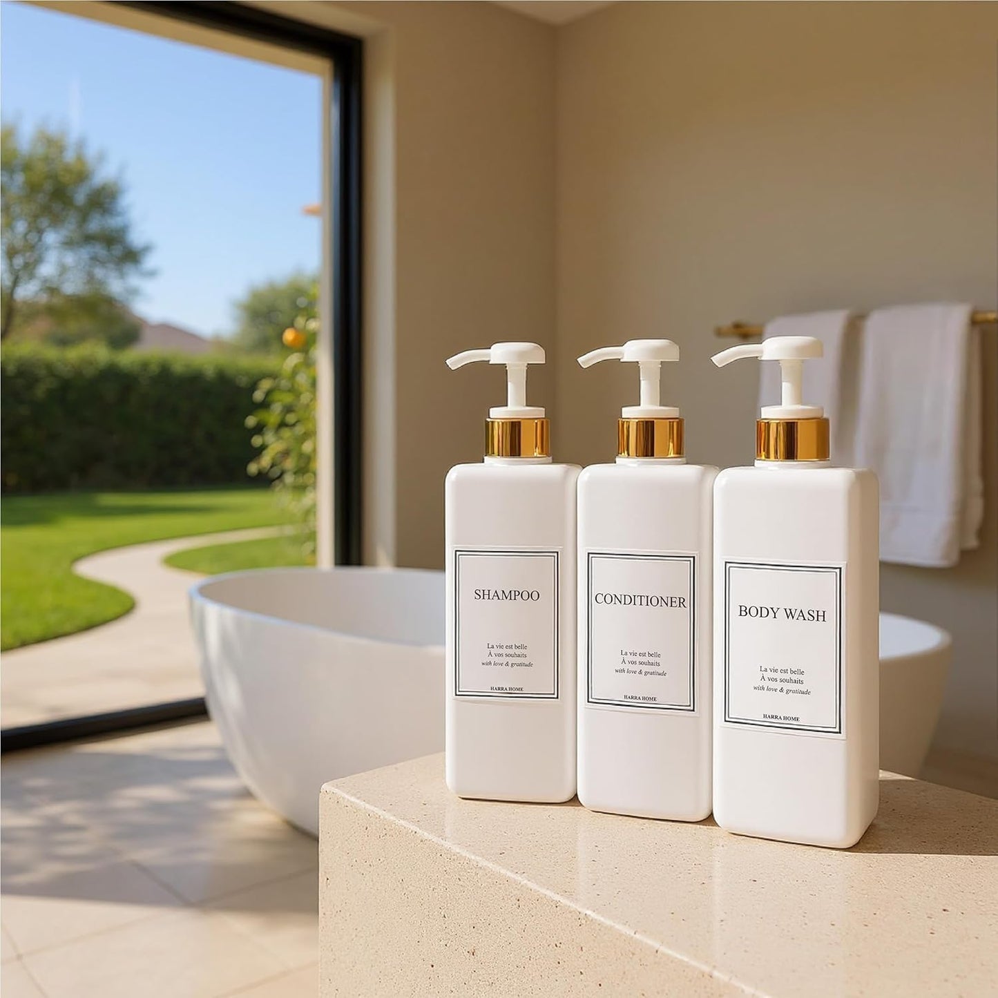 Modern Gold Design Large 27 oz Shampoo and Conditioner Dispensers - Empty Plastic Refillable Pump Bottle Set for Bathroom Shower Soap Dispenser, Gift Box Included, Set of 3 (White)