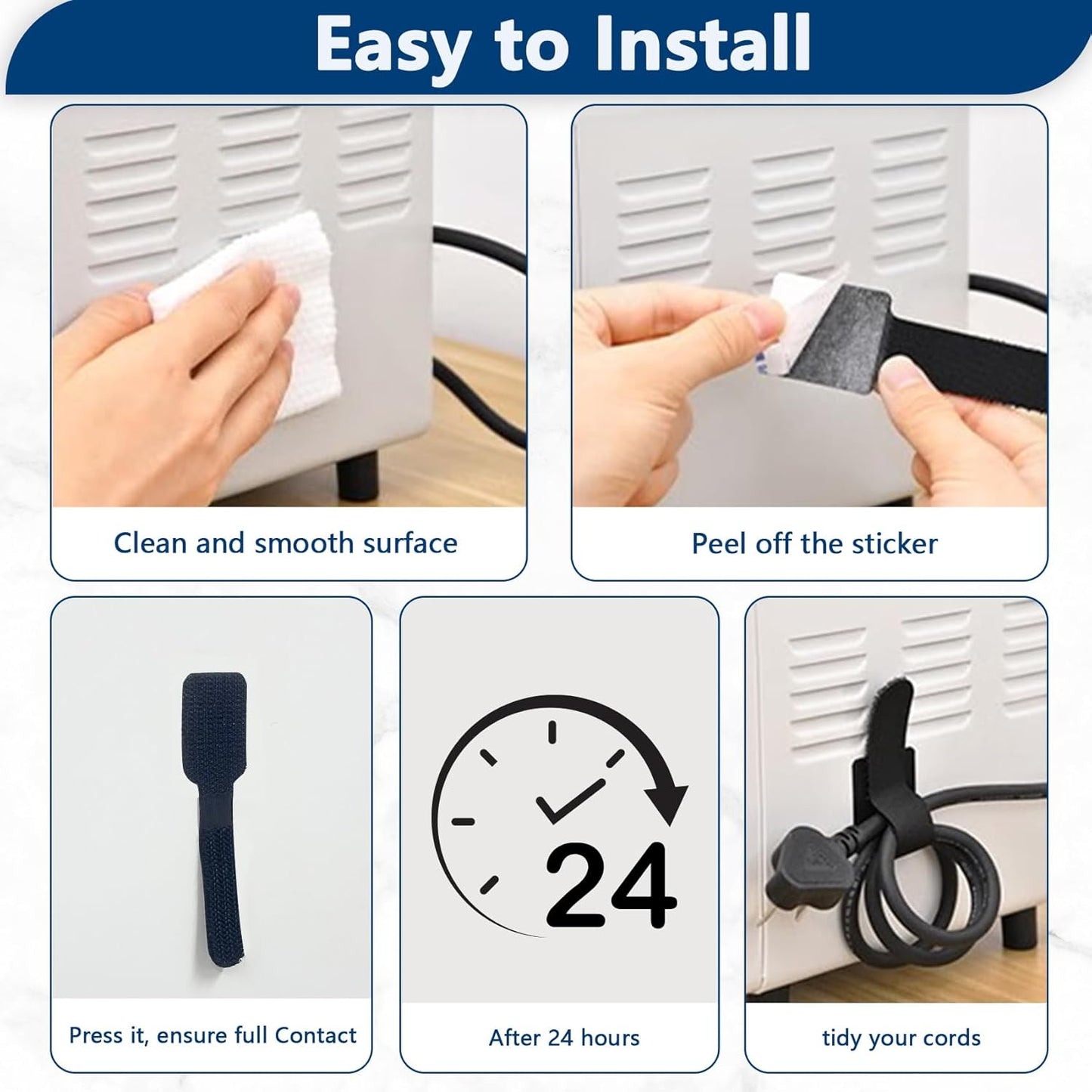 50 PCS Hook and Loop Cable Ties, Under Desk Cable Management, Self Adhesive Cable Tidy Clips Straps, Sticky-Back Cord Organizer, Wire Organizer for TV PC Laptop Ethernet Desktop, Black