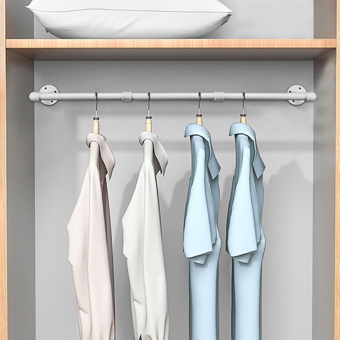 Industrial Iron Pipe Clothes Hanging Bar DIY Wall-Mounted Garment Rack Heavy Duty Clothing Rack for Bedroom, Laundry Room, Closet Storage (White 40 inch)