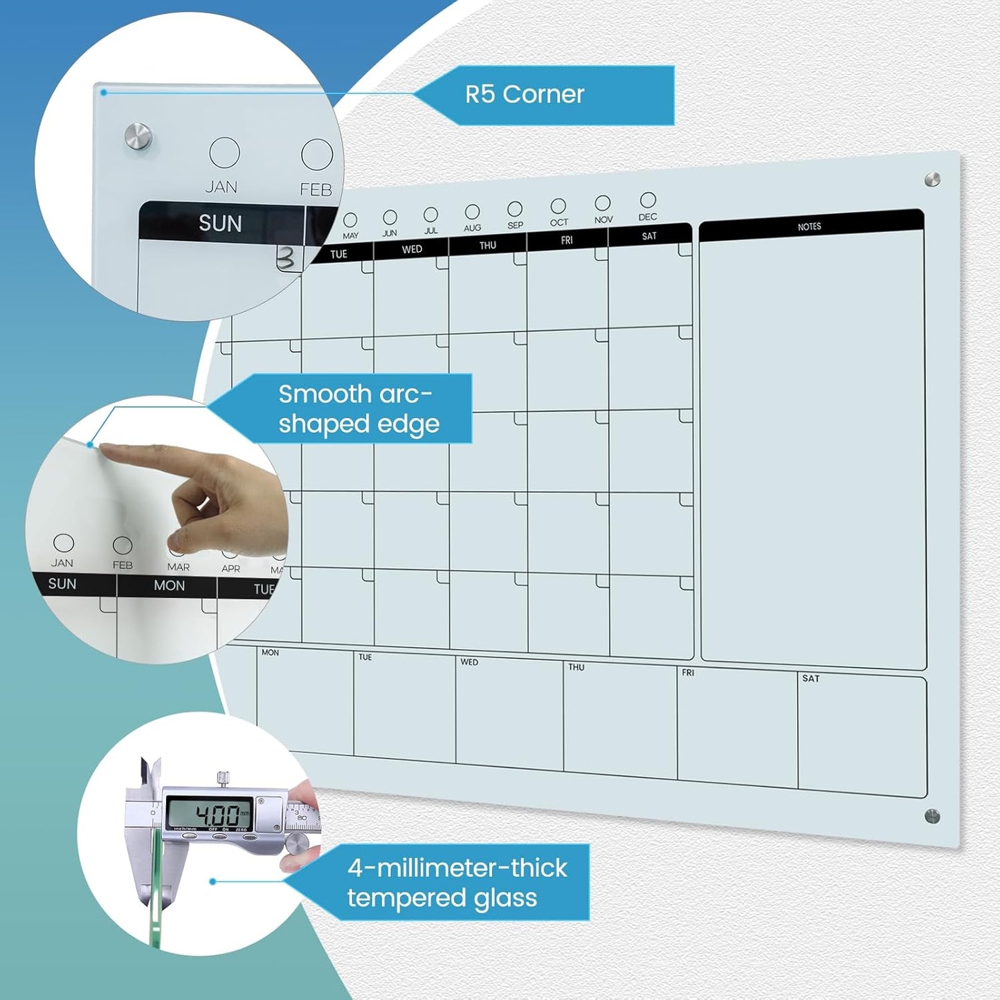 Magnetic Glass Whiteboard Calendar 48"x36" Glass Dry Erase Calender Board 36"x48" Monthly Plan White GlassBoard Wall Mounted for Office School Home (White)