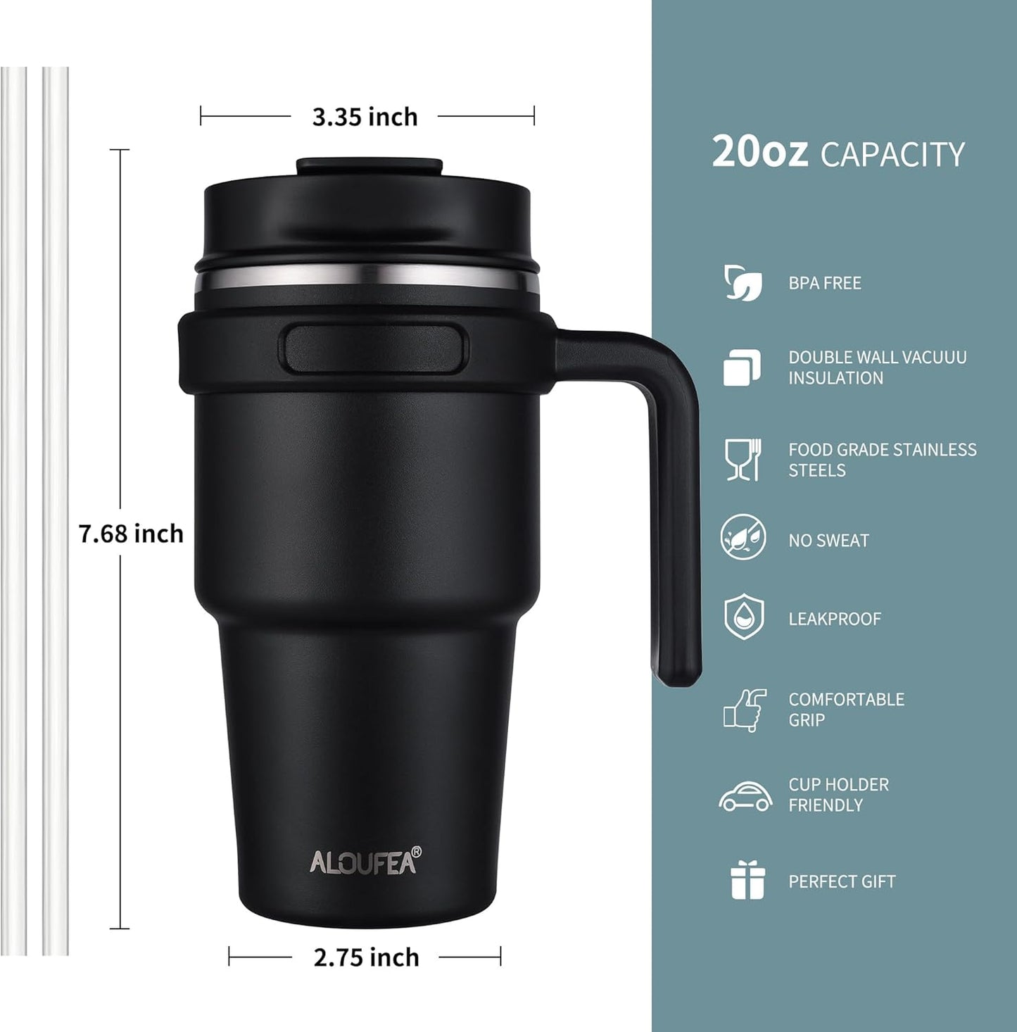 ALOUFEA 20 oz Insulated Coffee Mug Tumbler with Handle, Stainless Steel Travel Mug Tumbler with Lid and Straw,Double Wall Vacuum Leak Proof Ice Coffee Thermal Cup, Meadow