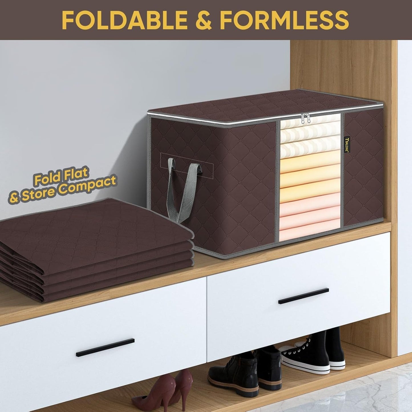 BALEINE 4 Pack Clothes Storage Bags, 24 Gallon Storage Containers with Reinforced Handle, Sturdy Zipper, Closet Organizer for Blanket, Comforter, Pillow, Bedding (Brown, 4 Pack)