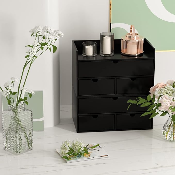 Wisuce Bamboo Desk Organizer - Mini Bamboo Desk Drawer Tabletop Cosmetic Storage Organization for Office or Home Black with Shelf