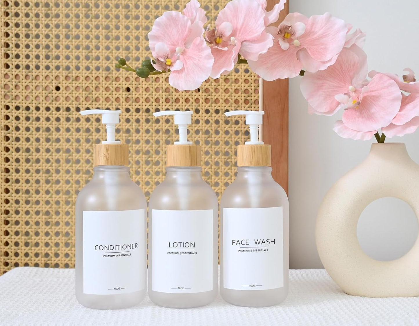 Frosted Plastic Shampoo and Conditioner Bottles, Apothecary Dispenser Bamboo Pump, Refillable Bottles for Shower Lotion, Oil, Hand Soap, Sanitizer, Liquid Soap, Set of 3 with 9 Labels (3, Matte Clear)