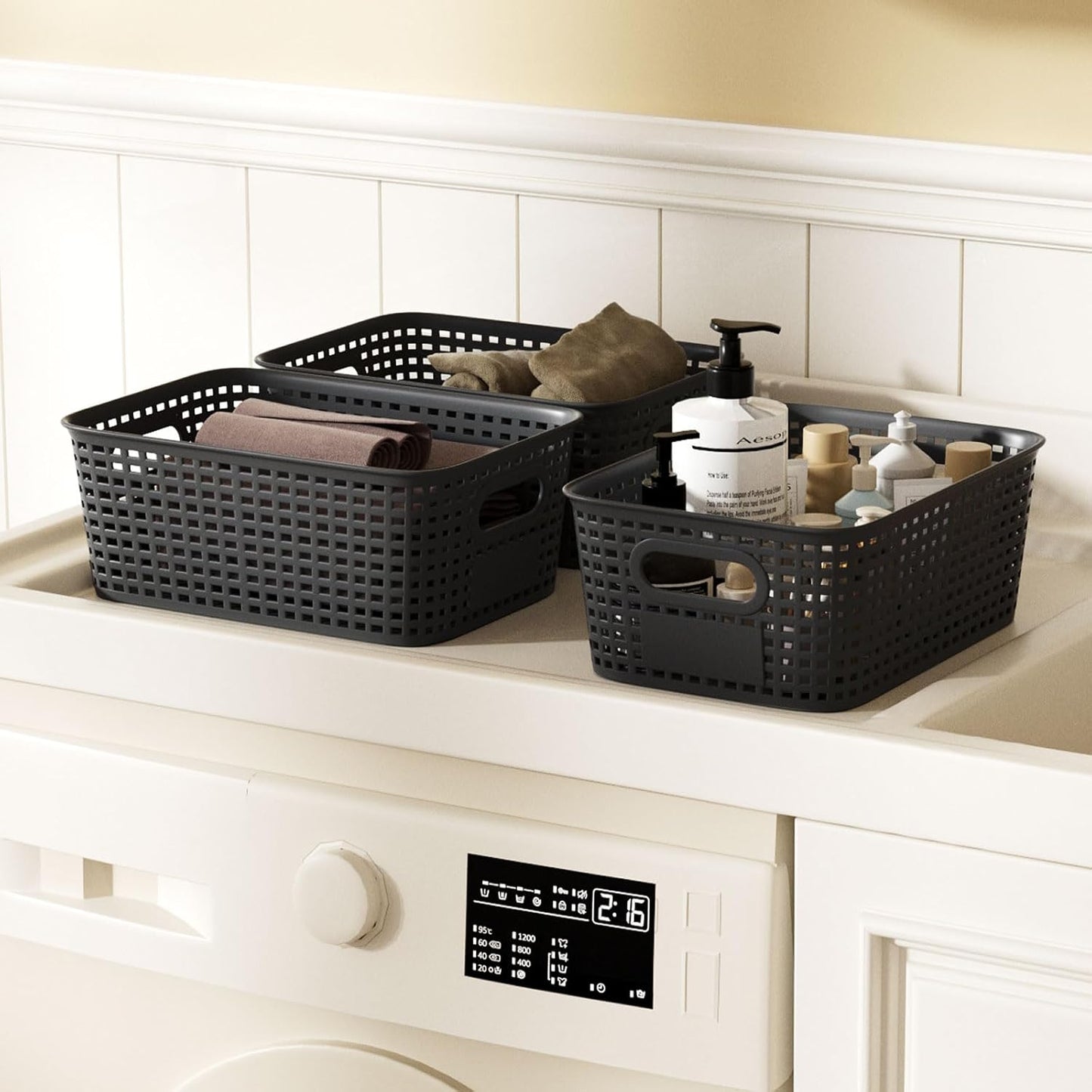 Plastic Storage Bins with Bamboo Lid - Plastic Storage Baskets with Lid - Stackable Container with Lable for Organizing: Small Storage Box for Shelves Office Cabinet Drawer ,10x7.2x4 In - Black 6 Pcs