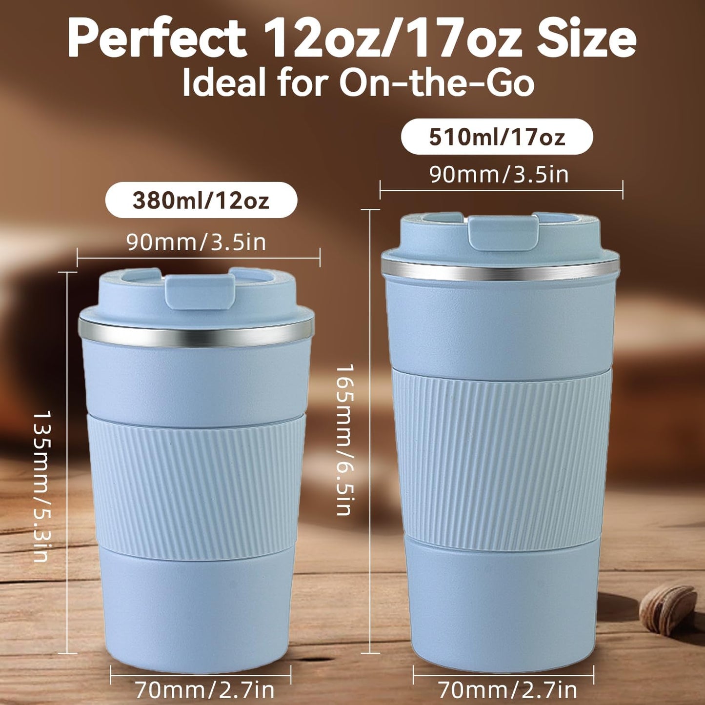 12OZ Travel Coffee Mug Insulated Coffee Cup with Spill Leak Proof Lid, Portable Stainless Steel Tumbler Reusable Hot and Cold Water Mug for Car, Daily, Camping- Light Blue