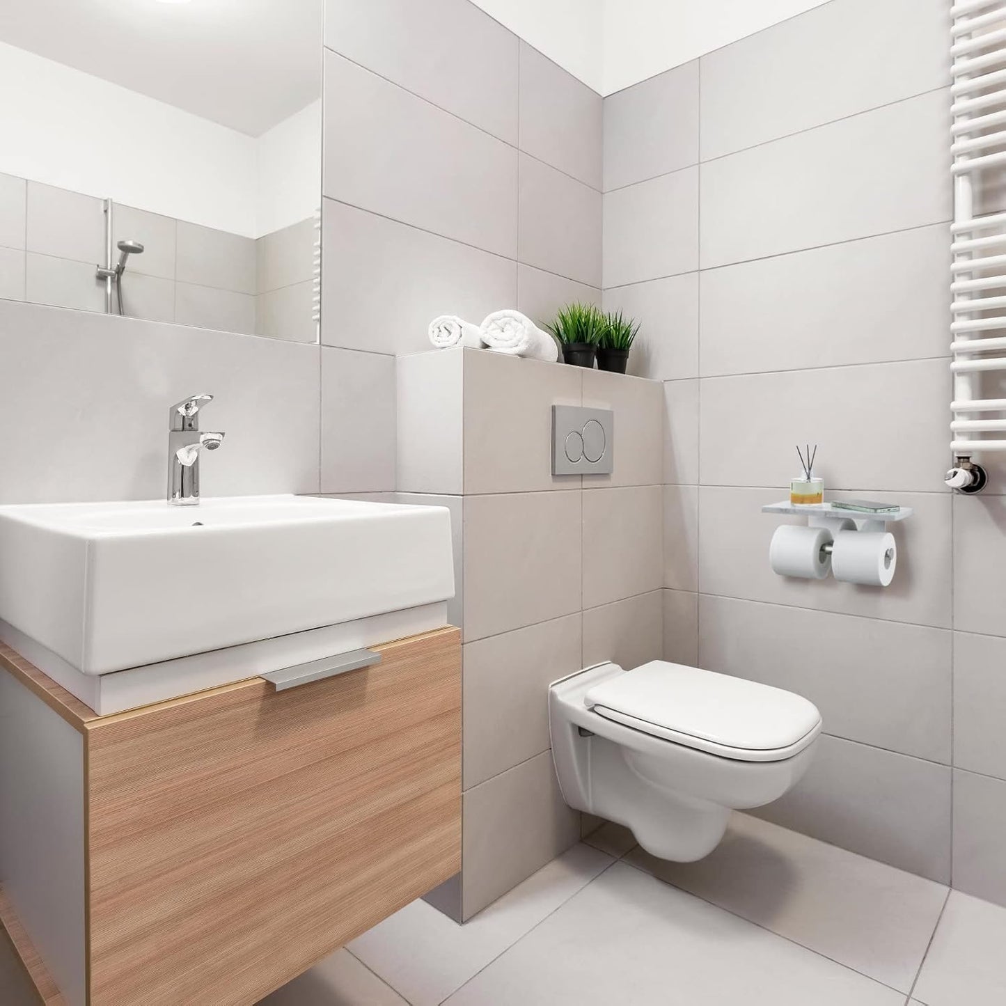 Toilet Paper Holder with Natural Marble Shelf for Bathroom Washroom,Wall Mounted Tissue Holder Suitable for Mega Roll (Brushed Nickel, Large 11.8 * 4.7)