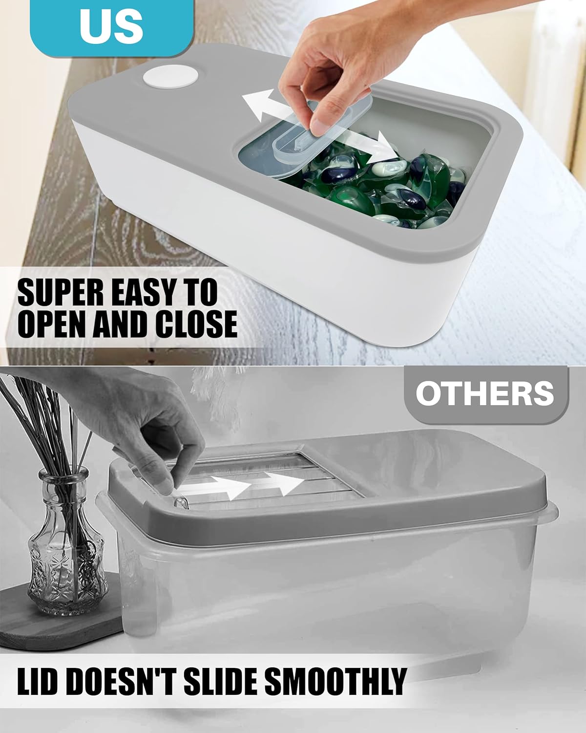 TidyFriend Laundry Pods Container with Slide Lid, 15" x 8.7" x 4.5", Airtight Storage Keeps Pods Fresh, Holds 9–10 lbs or 100–130 Pods, Laundry Detergent Container & Dishwasher Pod Holder (Grey)