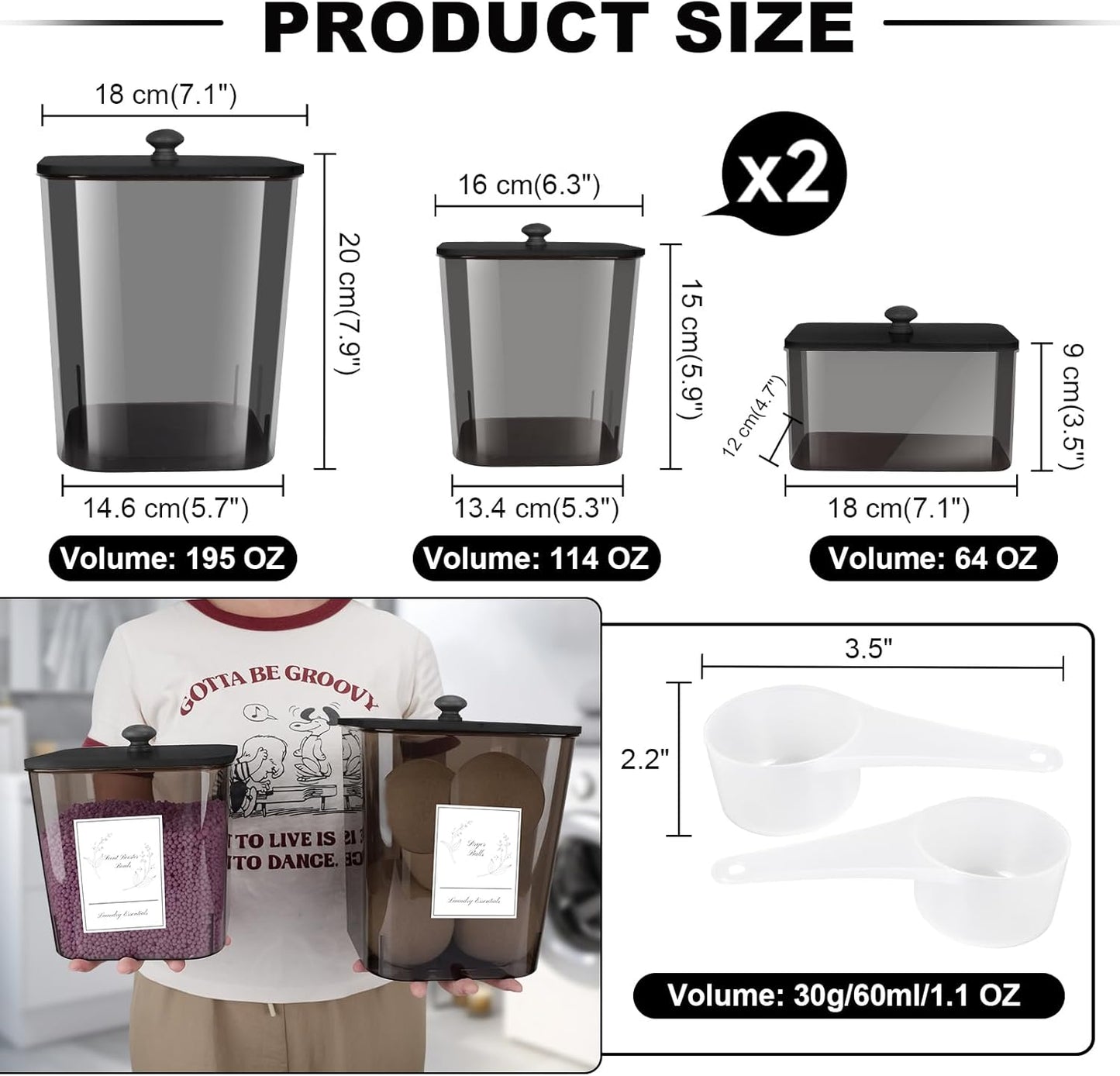 4 Pack Laundry Detergent Containers & Dryer Sheet Holder with Black Lids, Scoops & Labels - Plastic Laundry Organizer and Storage Jars for Pods, Detergent, Scent Booster