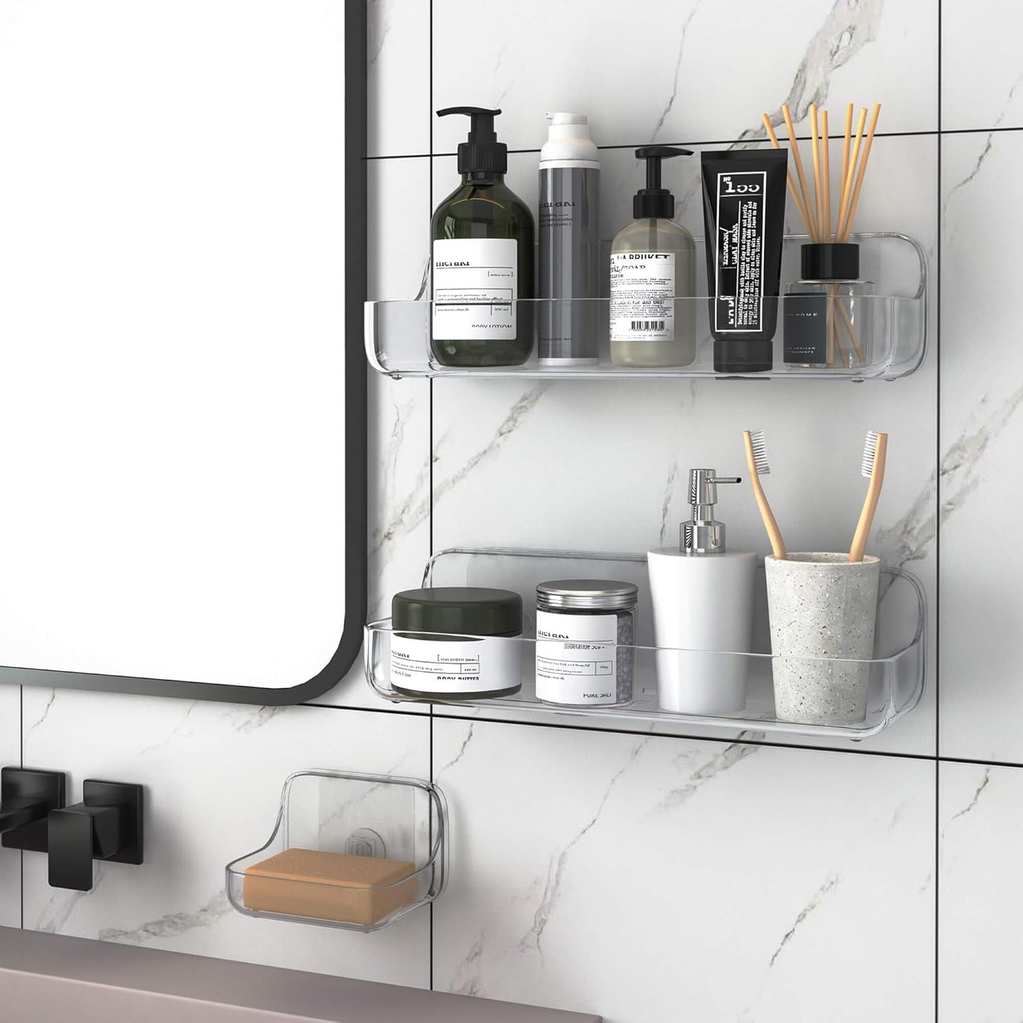 TZAMLI Clear Shower Caddy with Soap Dish, Adhesive Shower Organizer Shelf Plastic Wall Mounted No Drilling Shelves for Bathroom Kitchen Storage, 3 Pack