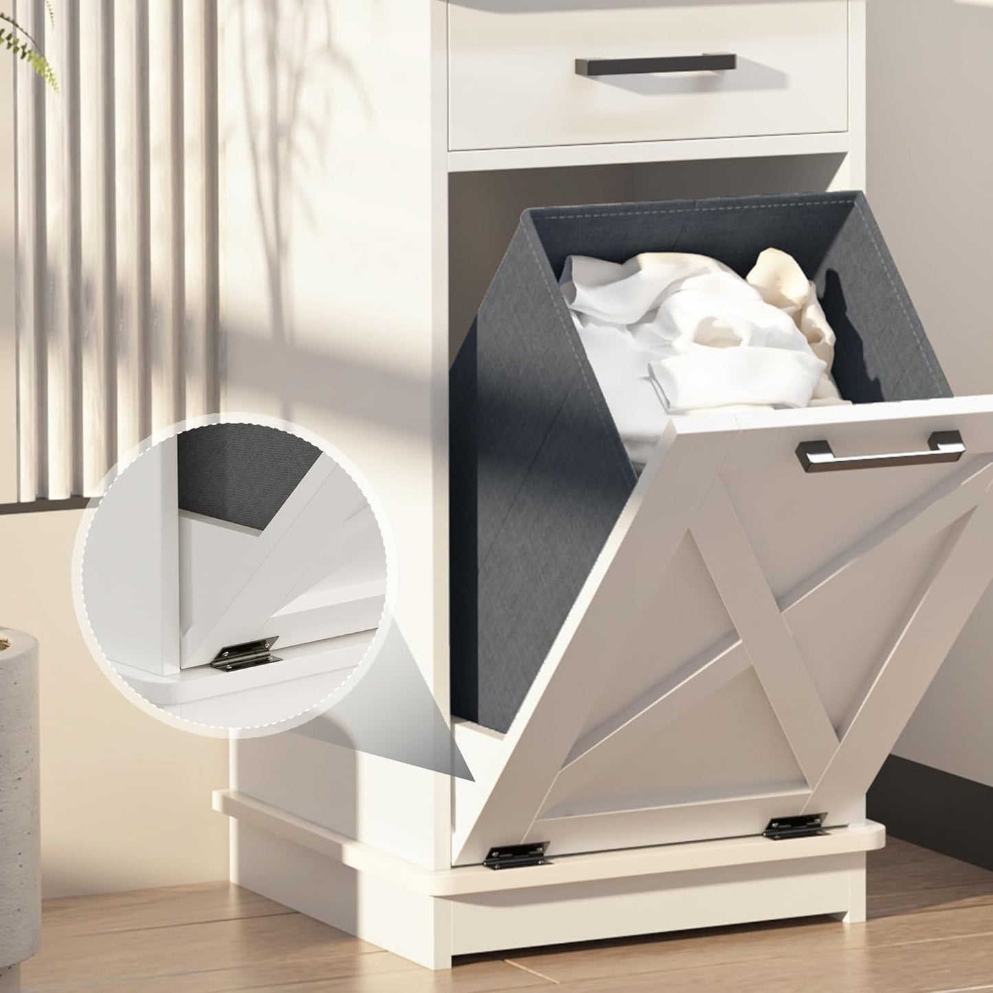 White Tilt Out Laundry Hamper Cabinet Hidden Laundry Hamper with Drawers and Baskets for Bathroom Hamper Cabinet with Storage for Kitchen Living Room,16x16x30in（Barn door panel）