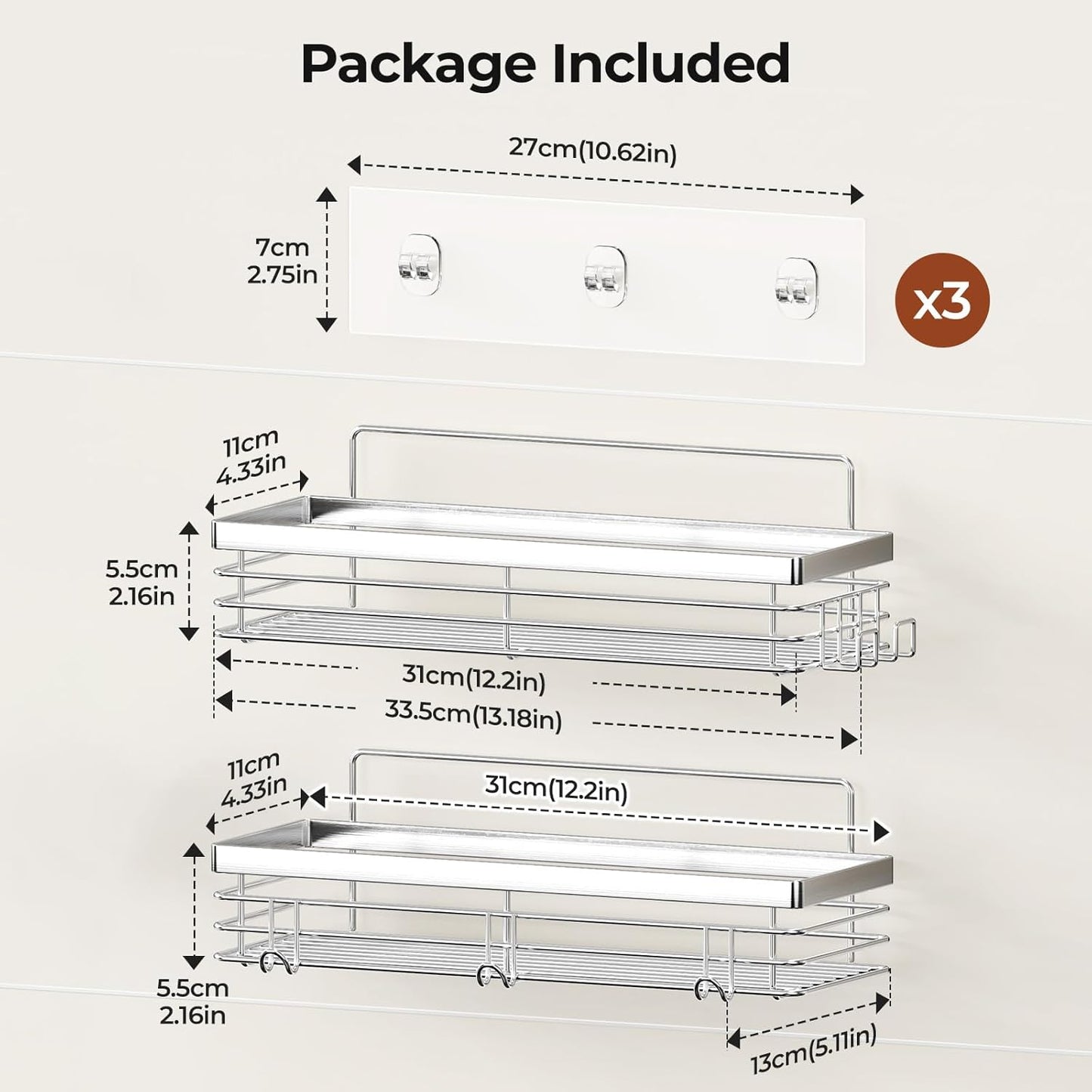 Orimade Shower Caddy with 5 Hooks Organizer for Hanging Razor and Sponge Bathroom Basket Adhesive Shower Shelf Storage Kitchen Rack Wall Mounted No Drilling Rustproof Stainless Steel - 2 Pack