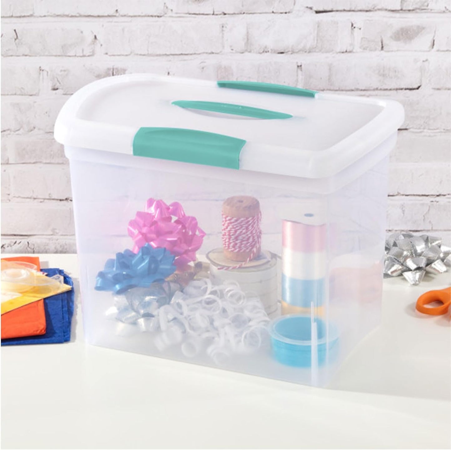 Sterilite Large Nesting ShowOffs, Stackable Small Storage Bin with Latching Lid and Handle, Plastic Container to Organize Office Files, Clear, 6-Pack