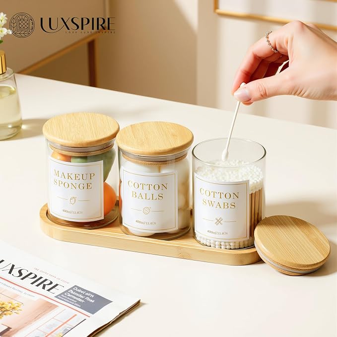 Luxspire Glass Qtip Holder with Vanity Tray, 3 Pack Cotton Swab Holder with Bamboo Lid, 13.4 oz Glass Apothecary Jars Bathroom Accessories Canisters for Cotton Swabs, Balls, Pads, Floss Picks