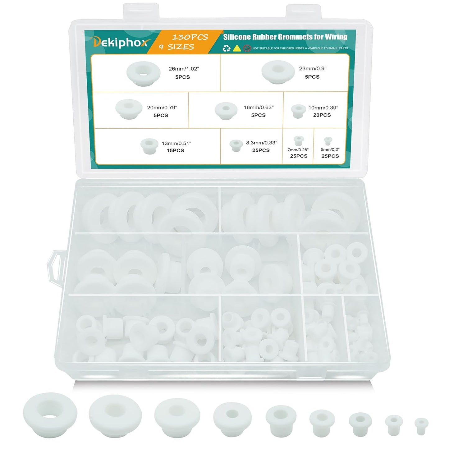 130PCS Silicone Rubber Grommets for Wiring, White Top Hat Rubber Grommet Assortment Kit, 9 Sizes Round Hole Rubber Wire Grommets for Automotive, Vinyl Tubing in Hydroponic and Irrigation Systems