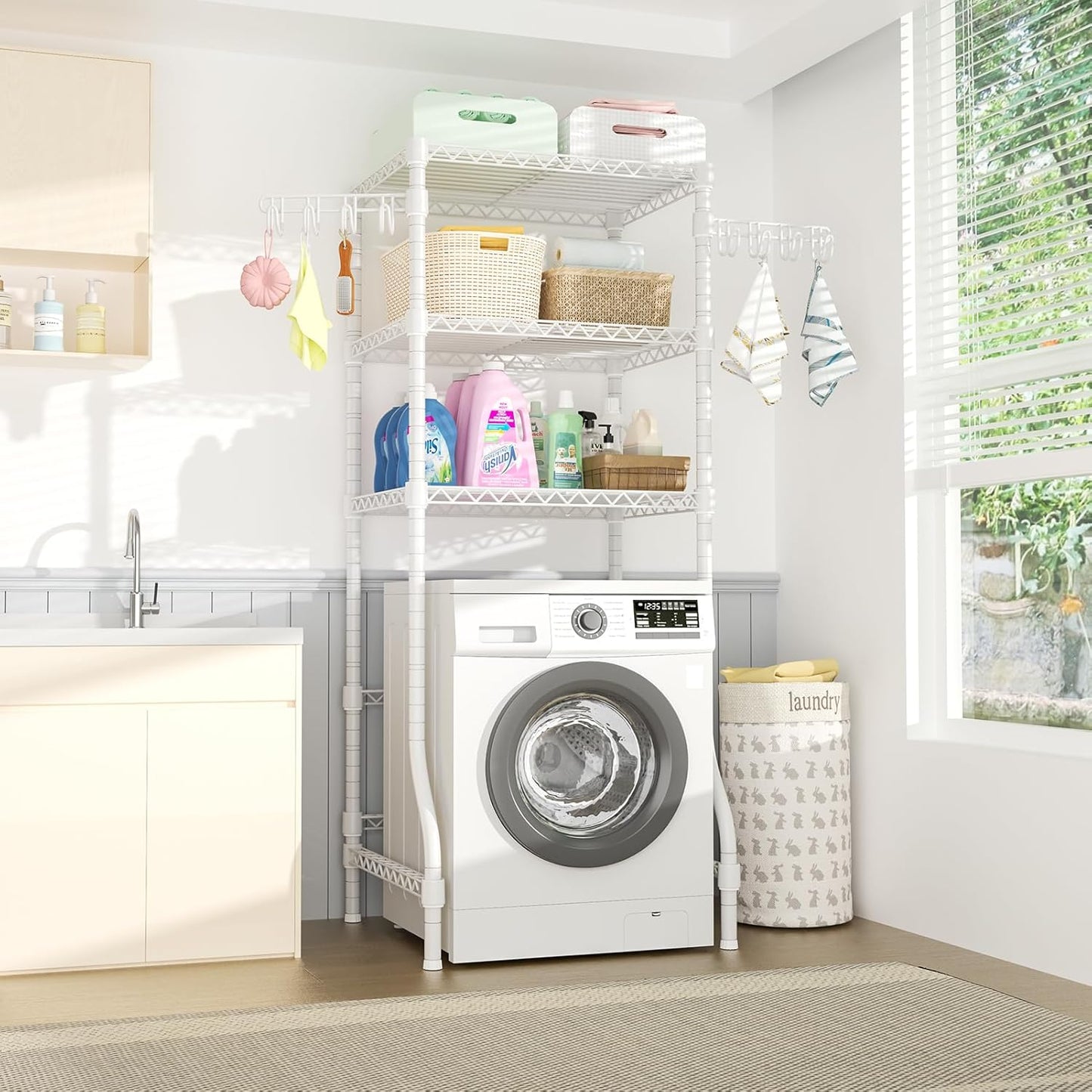 Ulif U8 Mini Laundry Room Storage Organizer, Over The Washer and Dryer Storage Shelves for Laundry Organization, 29.5”W x 17.3”D x 76.2”H, Suit Washing Machine Width Within 27.1”, Hold 304 lb, White