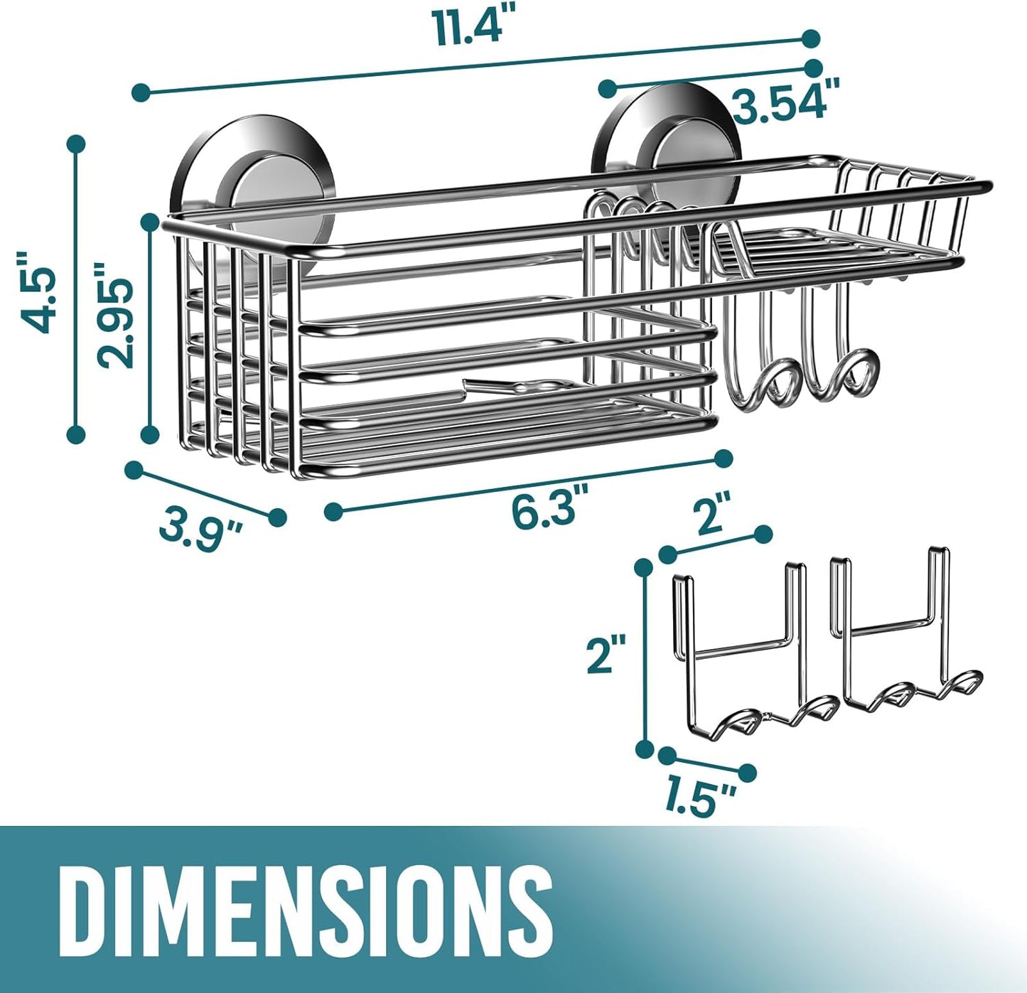 TAILI Shower Caddy Suction Cup with Hooks & Soap Holder, Heavy Duty Bathroom Shower Organizers, Removable Bathroom Shelves for Inside,Stainless Steel Holder Organizer-Silver
