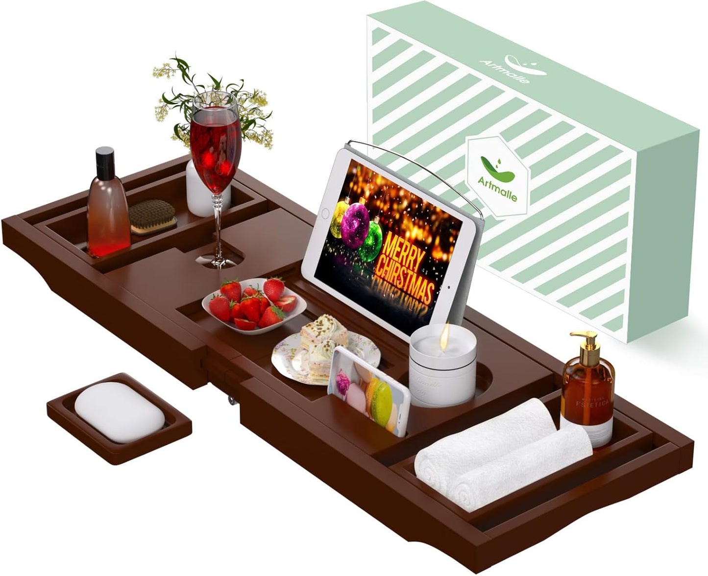 Bathtub Caddy Tray for Tub, Foldable Bamboo Bath Table Tray with Book and Wine Glass Holder, Expandable Bathroom Accessories with Free Soap Dish Suitable for Luxury Spa or Reading, Brown