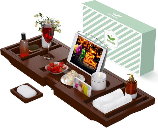 Bathtub Caddy Tray for Tub, Foldable Bamboo Bath Table Tray with Book and Wine Glass Holder, Expandable Bathroom Accessories with Free Soap Dish Suitable for Luxury Spa or Reading, Brown