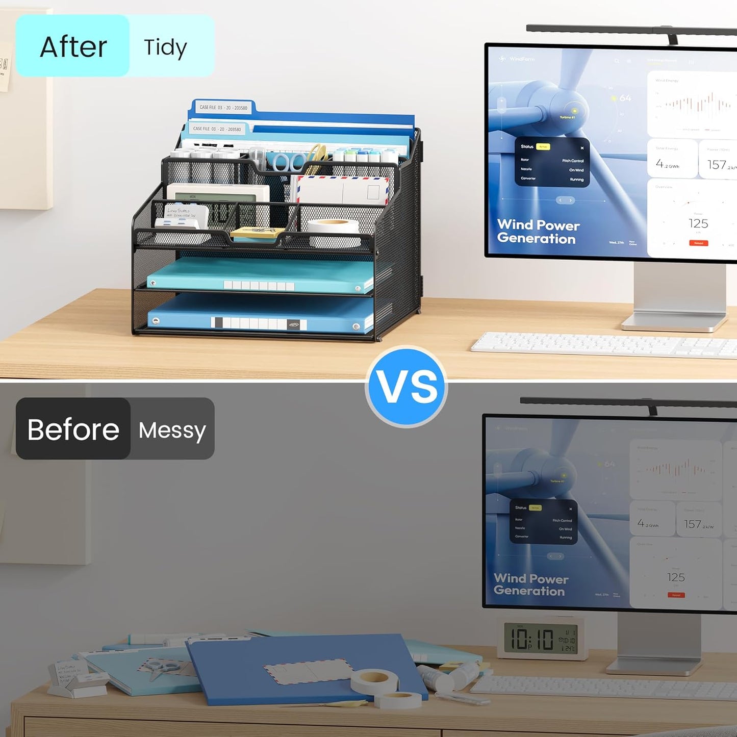 Lavatino Desk Organizer - Metal Mesh with 2 Paper Letter Trays, 7 Flexible Dividers, 2 Vertical File Holders for Office/Home/Classroom Supplies, Desk Organizers and Accessories, Black