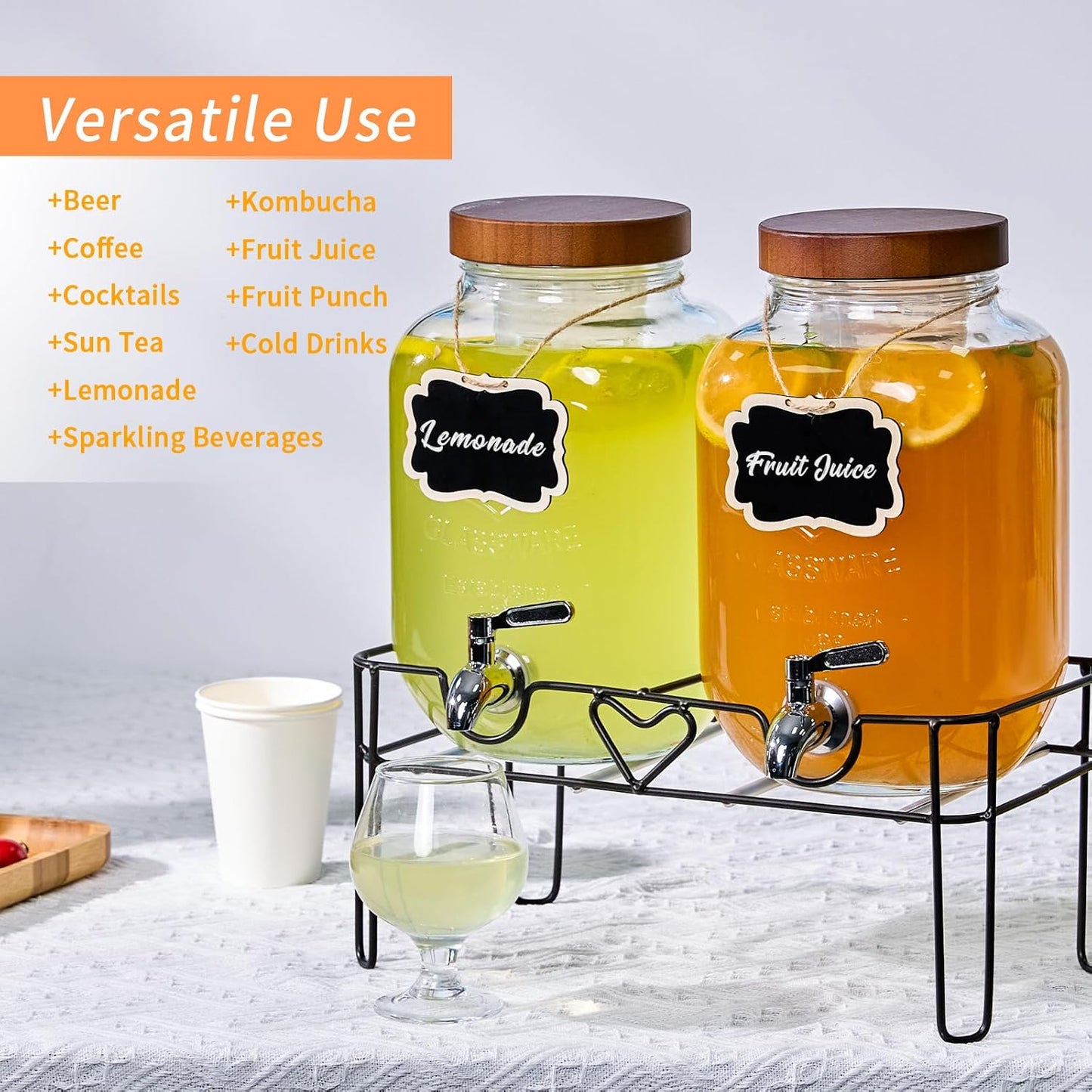 2 Pack1Gallon Glass Drink Dispensers with Stand&Bamboo Lids&Fruit Infuser,304 Stainless Steel Leak-Proof Spigot,Beverage Dispenser for Parties,Water Sangria Juice Sun Tea Lemonade(Brown)