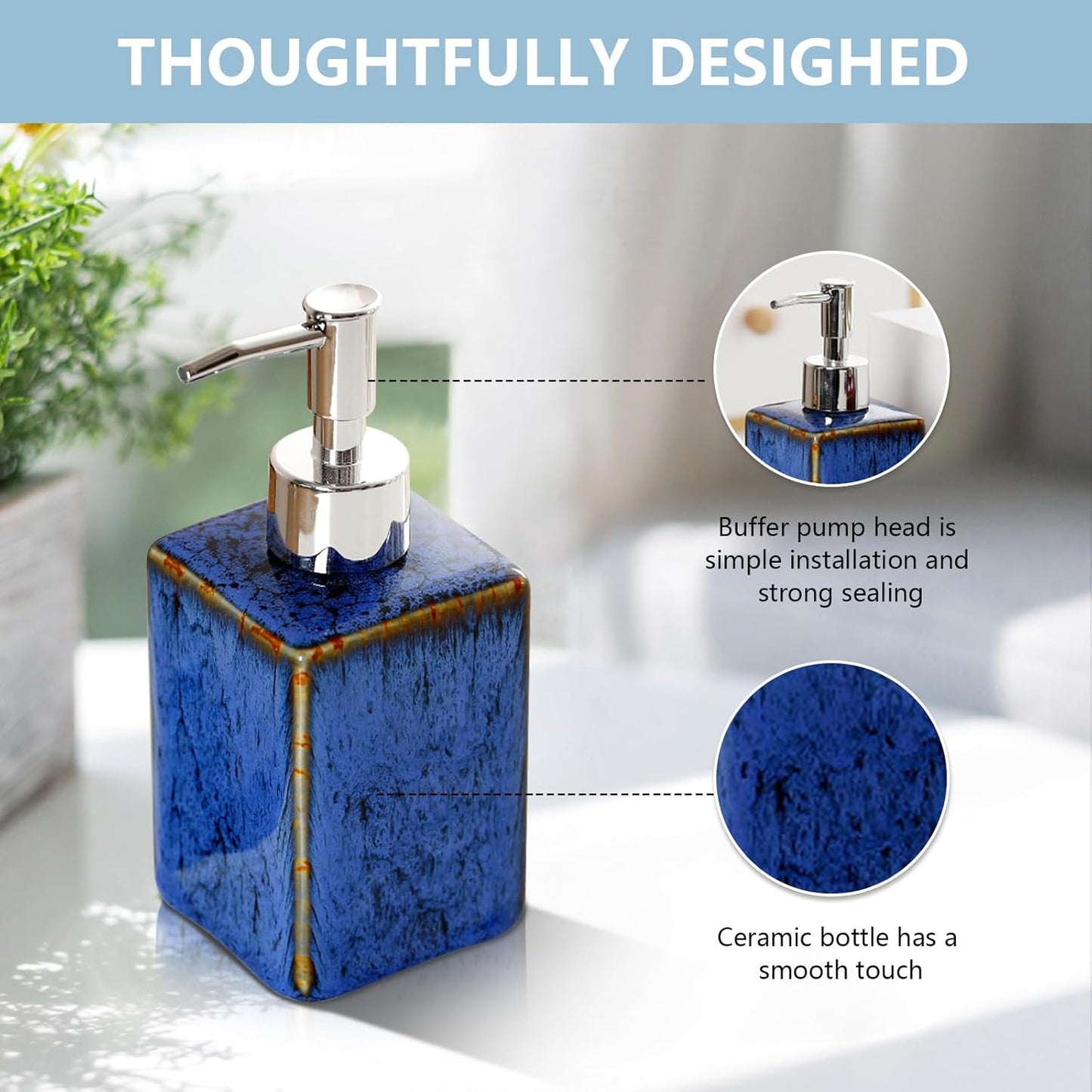 jessie Ceramic Hand Soap Dispenser Bathroom,Kiln Variable Glaze Lotion Dispenser with Pump 11.8 oz Modern Vintage Dish Soap Dispenser Refillable Liquid Soap Bottles for Bathroom Kitchen (Blue)
