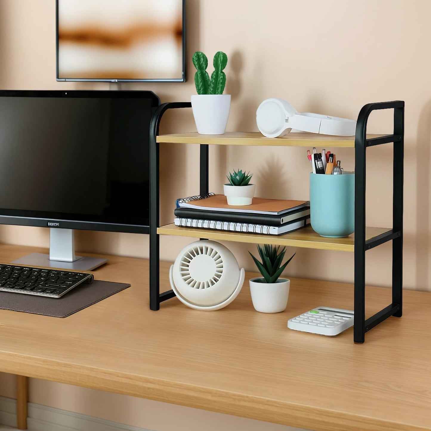 Desktop Shelf Organizer, 2-Tier Office Desk Shelf for Top of Desk, Wood & Metal Bookshelf Supplies Storage Rack (Black&Walnut)