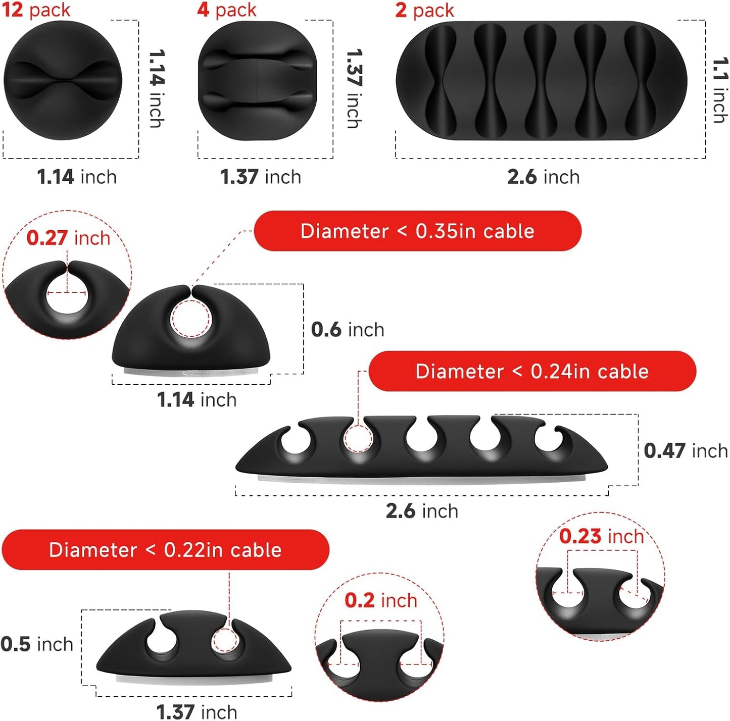 Cable Clips Cord Holder - 18 PCS Black Adhesive Phone Cord Organizer Charger Holder Cable Wire Management Clips Keeper for Nightstand, Desk, Office or Mouse