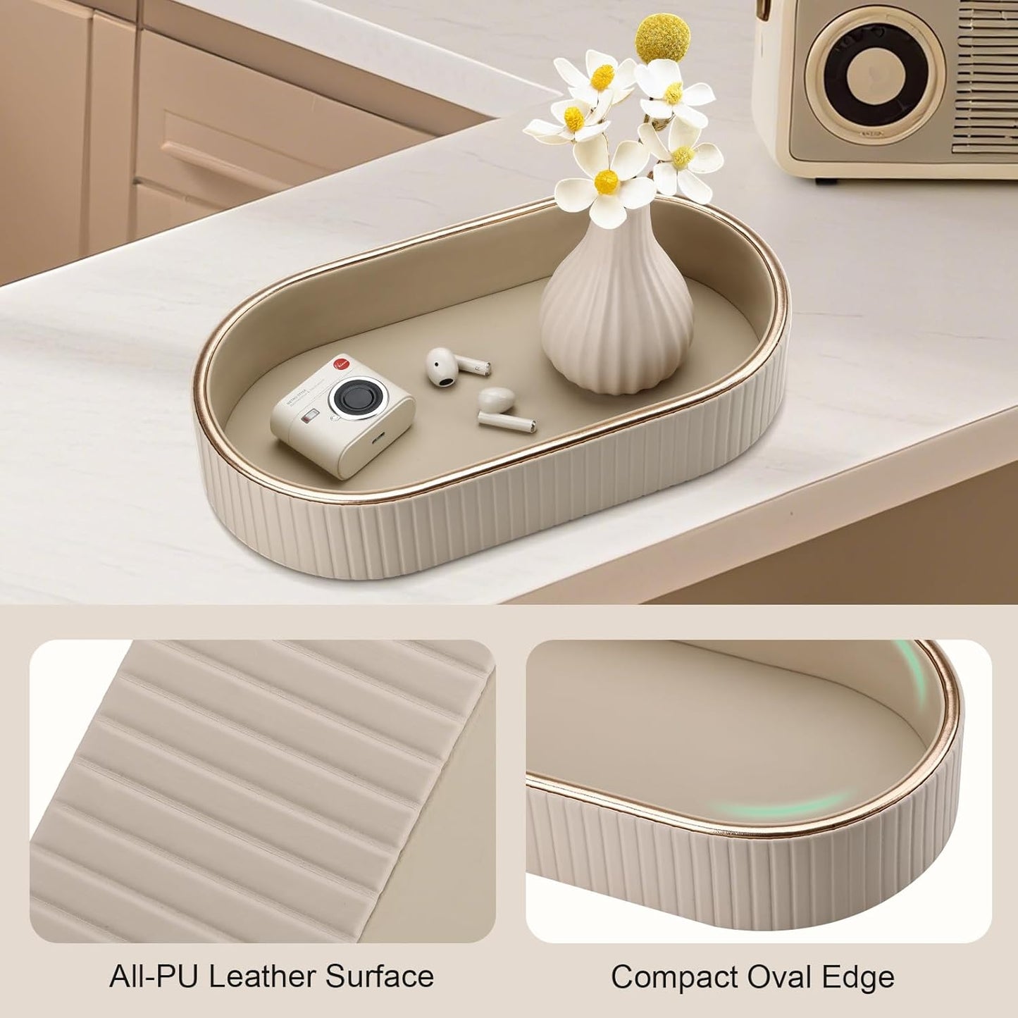 GORESE PU Leather Perfume Tray Nightstand Organizer, Small Oval Desk Tray Jewelry Trinket Trays Valet Organizer Key Bowl for Entryway Dresser Bathroom, Catchall Trays for Men Women, 11×5.9 in, Beige
