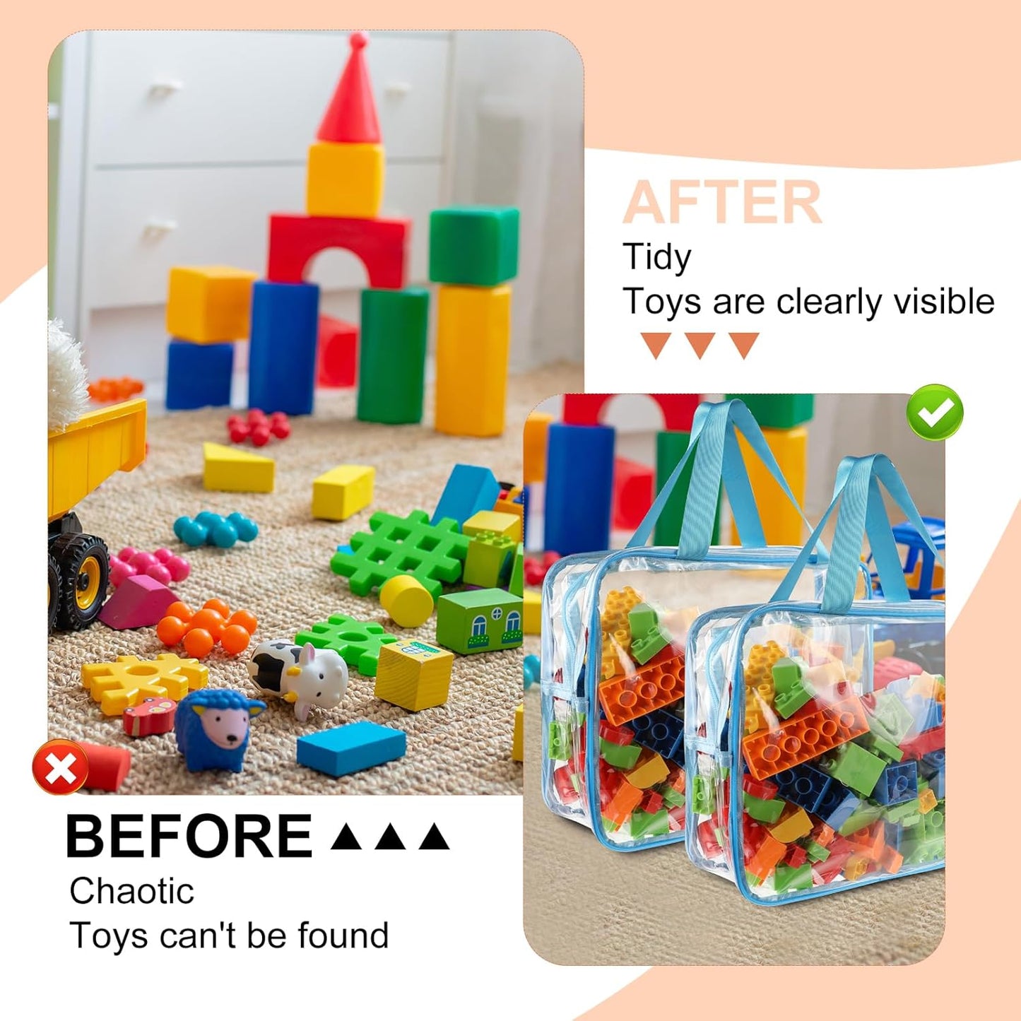 18 Packs Large Toy Storage Bags with Labels, 6 Colors Clear PVC Toy Storage Organizer with Zipper, Waterproof Reuseful Clear Organizer Bags for Building Blocks, Puzzles, Kids Books, Board Game