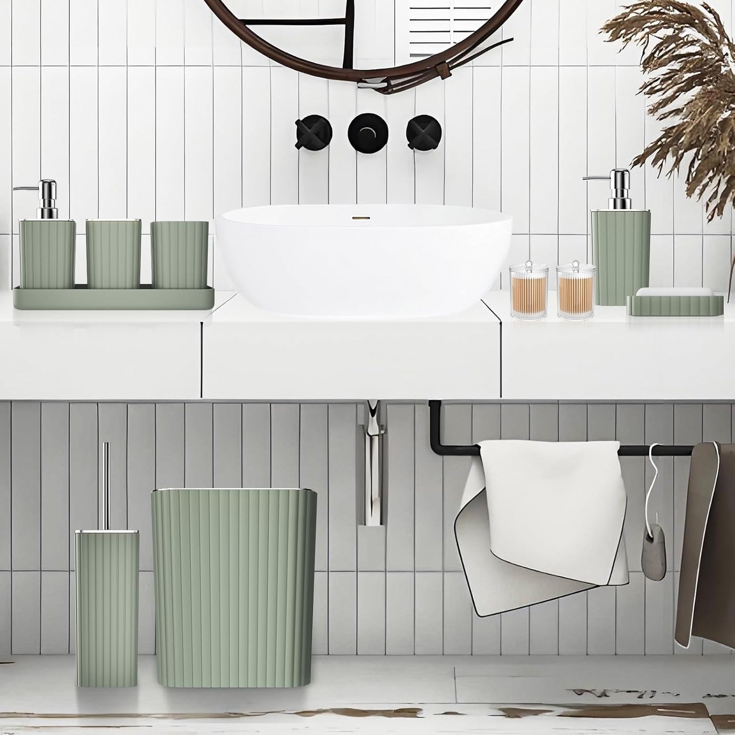 Bathroom Accessories Set - 25PC Sage Bathroom Set, Bathroom Set with Shower Curtain and Rugs, Sage Green Shower Curtain Set, Bathroom Accessory Set, Trash Can & Soap Dispenser