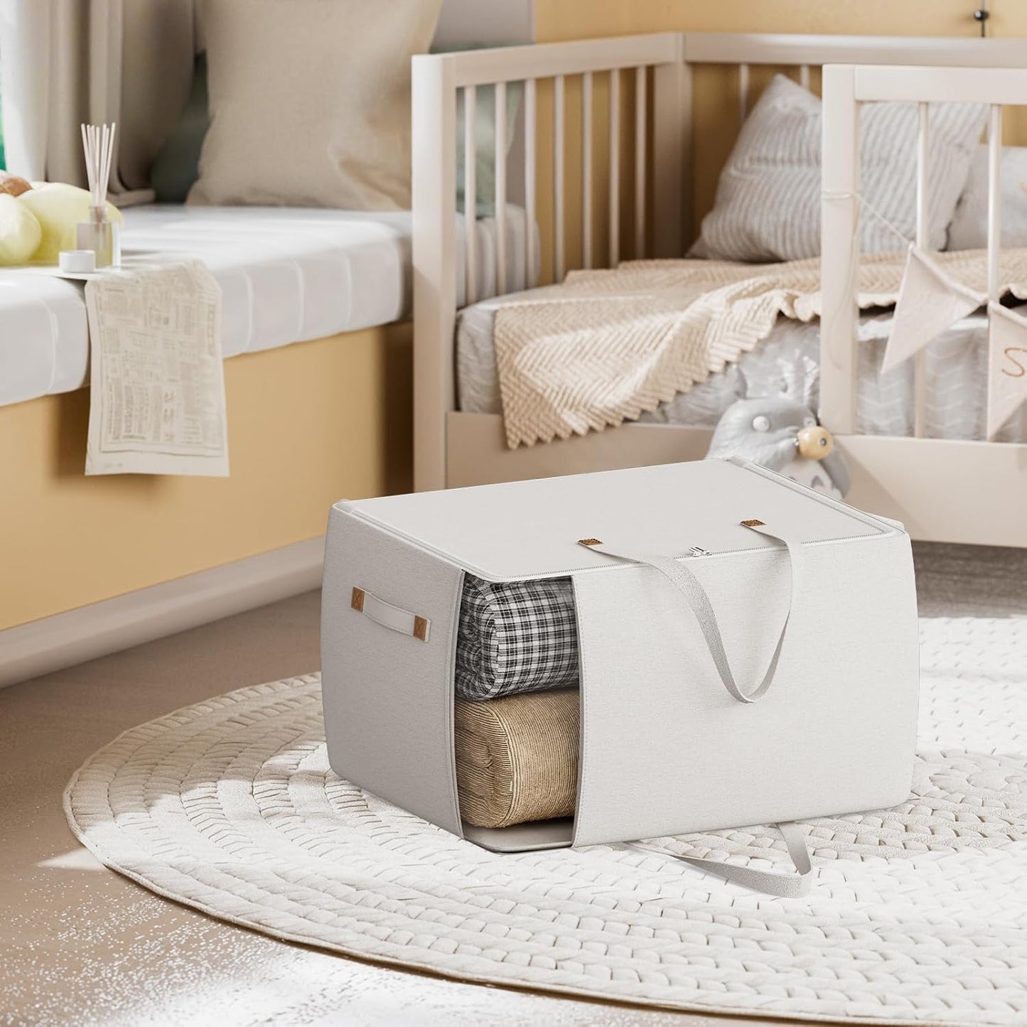 Heavy Duty Cotton Canvas Storage Bags For Comforter Blankets Clothes Extra Large Foldable Organizer with Clear Window & Reinforced Handles, Dustproof Design (White, 80L-3Pack)