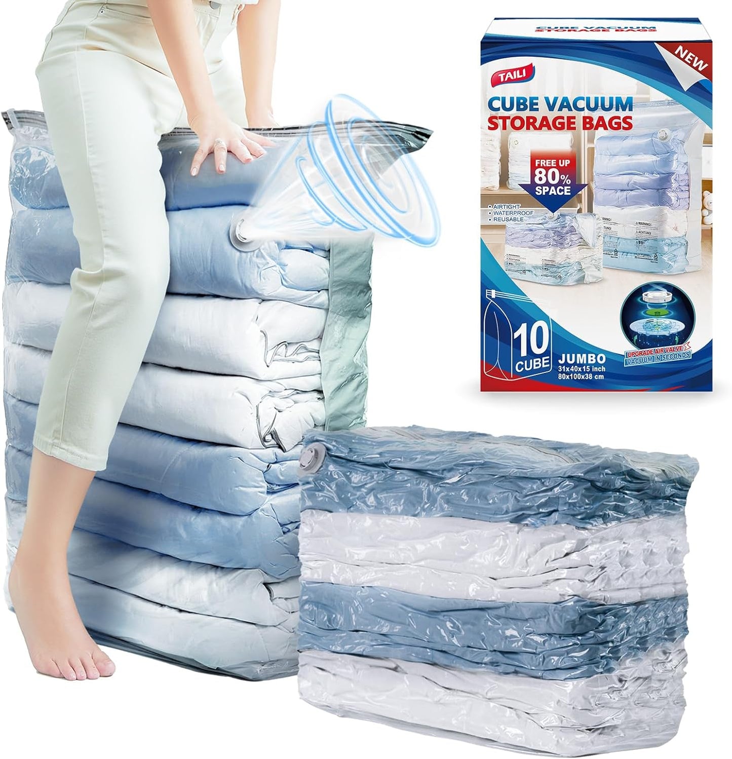 TAILI 10 Pack Vacuum Storage Bags, Jumbo Cube Space Saver Bags (31x40x15 Inch), Extra Large Vacuum Sealer Bags for Comforters Blankets Bedding Clothing, Closet Organizer, Cream