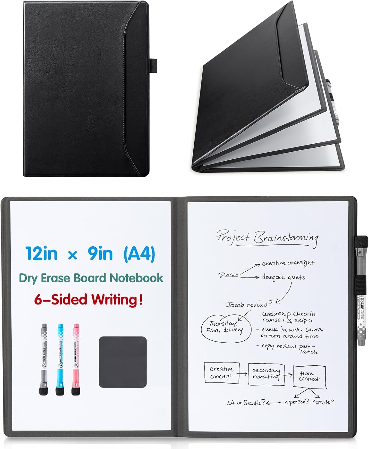 CoBak 6 Sides Portable White Board 12 x 9 inch (A4) - Notebook Design Dry Erase Small Board with Pocket and 3 Markers, Anti-Ghosting & Anti-Smudge Surface for Office, School, Homeschool (Black)