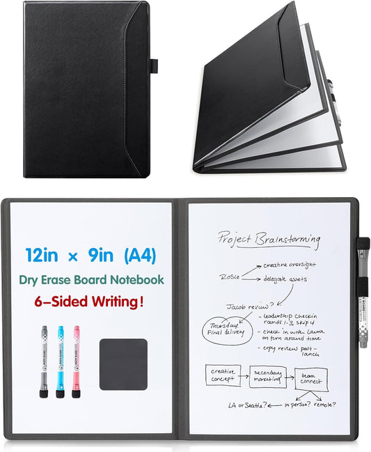 CoBak 6 Sides Portable White Board 12 x 9 inch (A4) - Notebook Design Dry Erase Small Board with Pocket and 3 Markers, Anti-Ghosting & Anti-Smudge Surface for Office, School, Homeschool (Black)