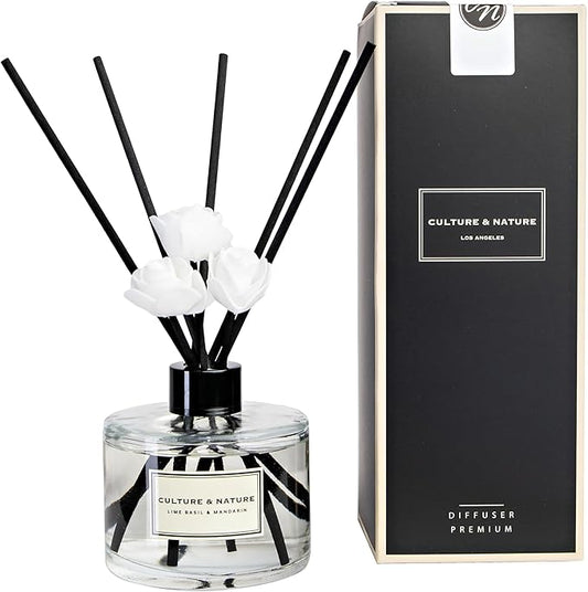 CULTURE & NATURE Reed Diffuser Set 6.7oz (200ml) Lime Basil Mandarin Scented Diffuser with Sticks Home Fragrance Reed Diffuser for Bathroom Shelf Decor
