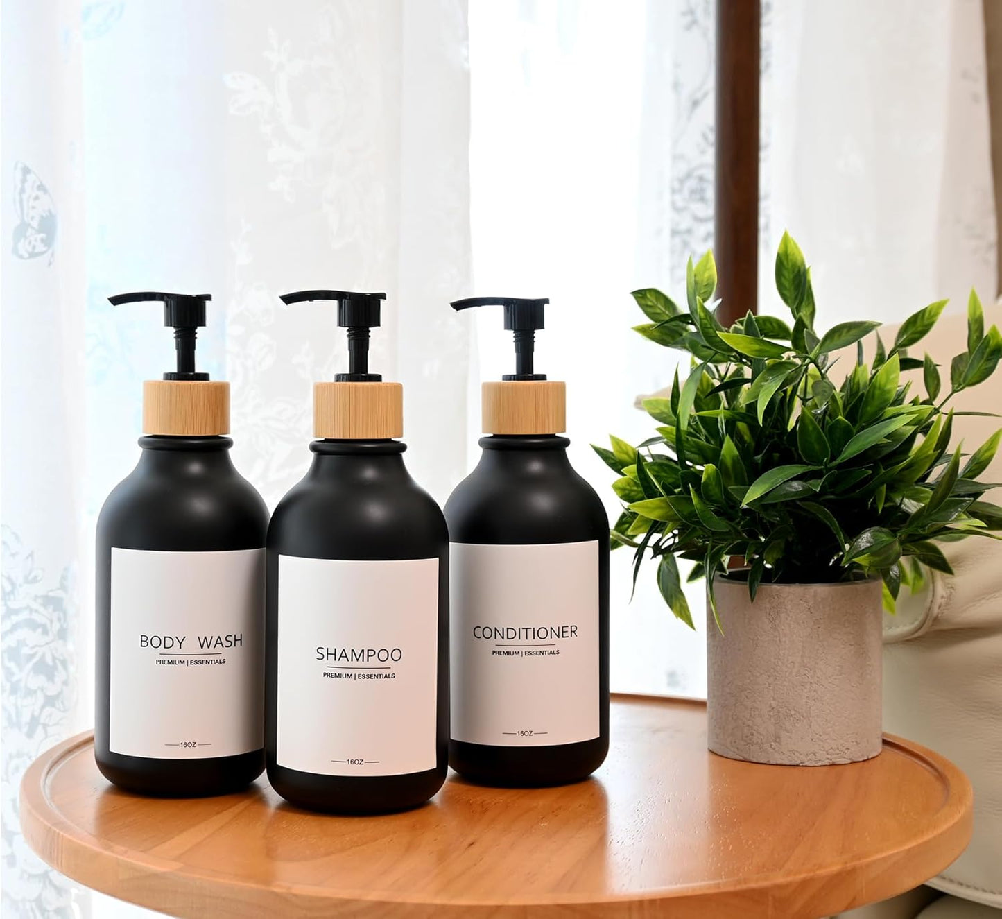 Frosted Plastic Shampoo and Conditioner Bottles, Apothecary Dispenser Bamboo Pump, Refillable Bottles for Shower Lotion, Oil, Hand Soap, Sanitizer, Liquid Soap, Set of 3 with 9 Labels (3, Matte Black)