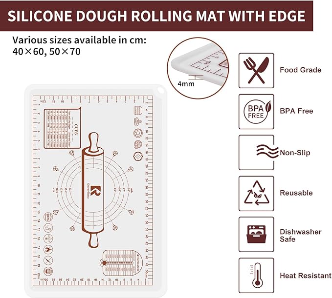 Silicone Baking Mat, Extra Thick Dough Rolling Pad with Measurements and Edge Heightening, Non-stick Food Grade Silicone Pastry Mat for Pastry, Bread, Cookies (Transparent, 16"L x 24"W)