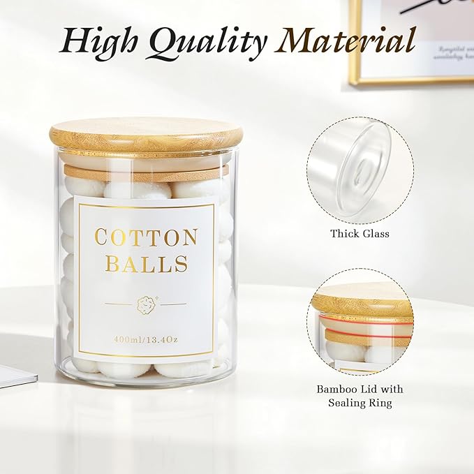 Luxspire 2 Pack Glass Qtip Holder Dispenser, 13.4 oz Cotton Swab Holder with Bamboo Lids, Glass Apothecary Jars Bathroom Accessories Canisters for Cotton Swabs, Balls, Pads, Floss Picks