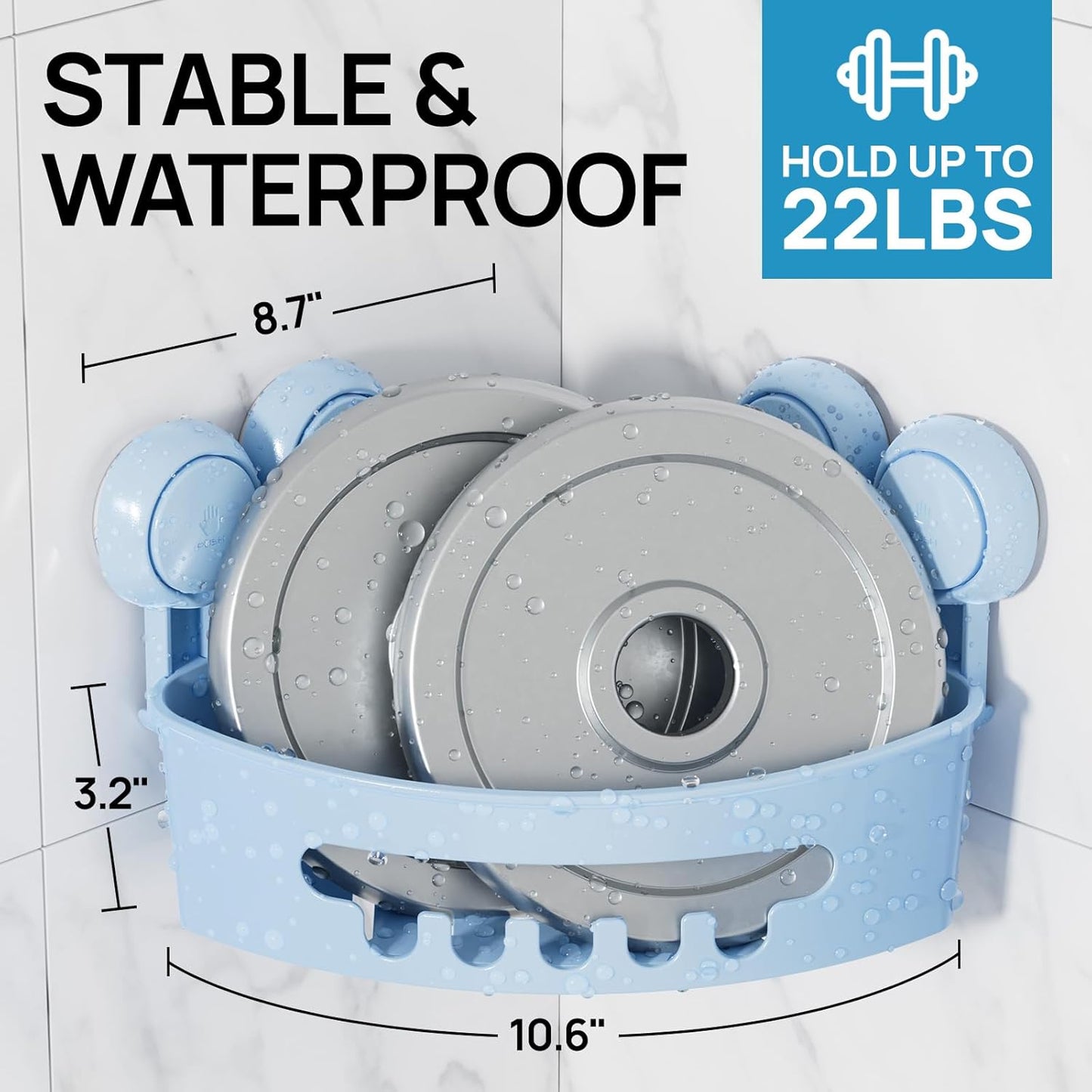 LEVERLOC Corner Shower Caddy Suction Cup, shower shelves suction cup, 2 Pack Basket Powerful Bathroom, Waterproof & Oil-proof Organizer for Kitchen, No-Drilling Removable (Blue)