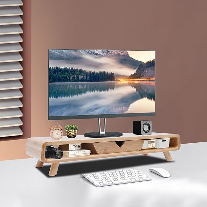Bamboo Monitor Stand Riser, No Assembly Required Exquisite Monitor Support with Drawer, Ergonomic Height Wood