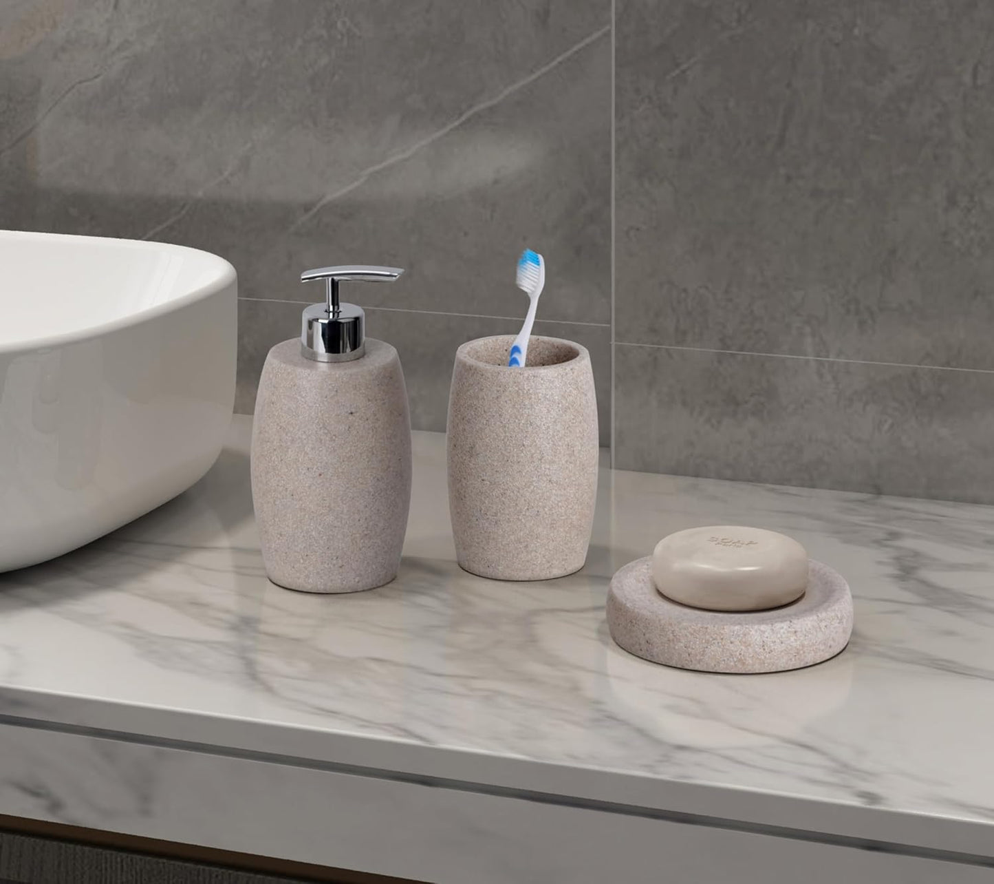 Beige Bathroom Accessories Set 3 PC, Resin Sandstone Look Soap Dispenser, Toothbrush Cup, Soap Dish, Bathroom Soap Dispenser Set for Home Decor and Kitchen