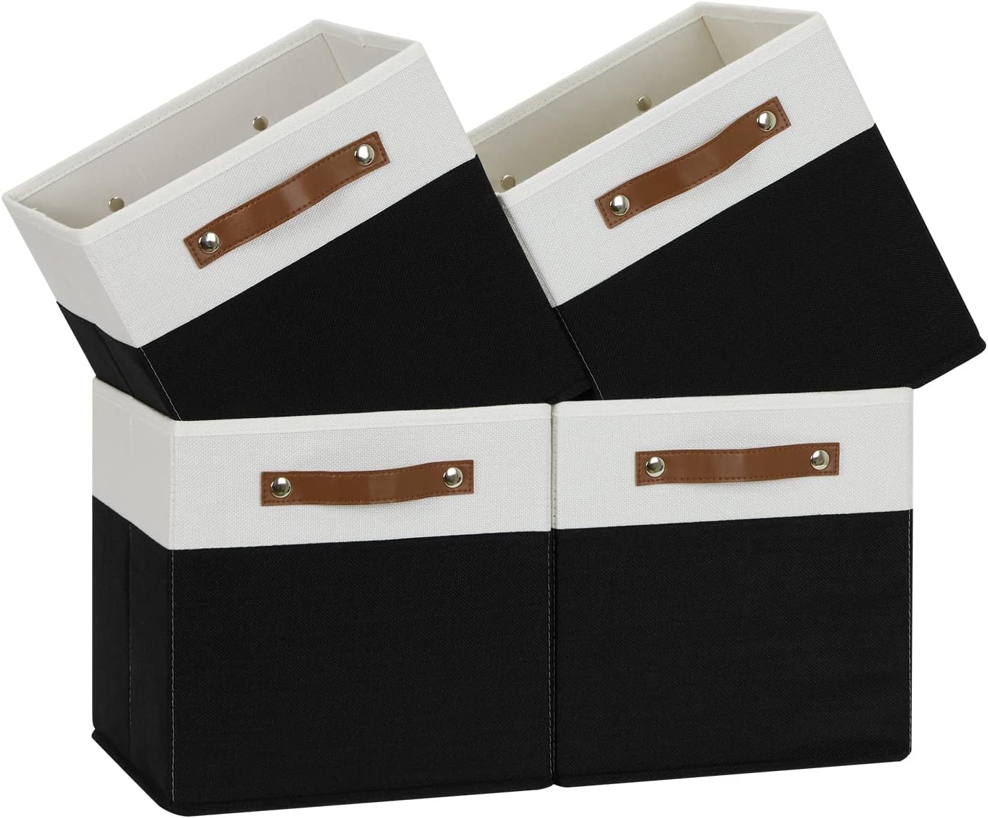Temary 11 inch Cube Storage Bin 4 Pack Fabric Storage Cubes for Home, Fabric Storage Bin Storage Cube Bins with Leather Handles(White&Black)