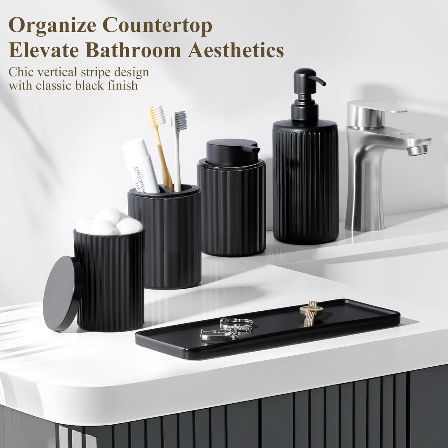 Shinowa Black Bathroom Accessories Set, 5 Pcs Bathroom Toothbrush Holder Sets with Soap Dispenser, Foaming Dispenser, Q-Tip Holder, Ceramic Tray, Bathroom Countertop Accessories Complete, Matte Black