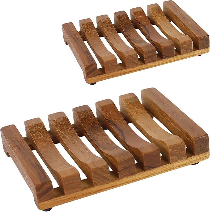 2PCS Slotted Bar Soap Holder Teak Wood by HTB, Kitchen Wooden Sponge Holder, Self Draining Soap Dish for Shower, Sink, Bathroom, Bathtub, RV